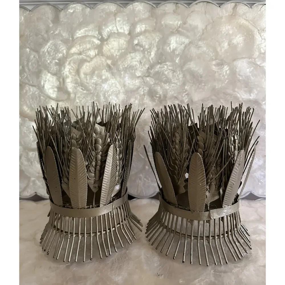 Vintage Metal Wired Farmhouse Wheat Rustic Pillar 2 Pair Candle Holders MCM